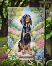 Load image into Gallery viewer, Black and Tan Coonhound Spring Path Garden Flag  – Dog-Themed Floral Outdoor Decor