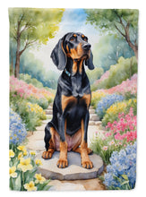 Load image into Gallery viewer, Black and Tan Coonhound Spring Path Garden Flag  – Dog-Themed Floral Outdoor Decor