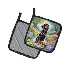 Load image into Gallery viewer, Black and Tan Coonhound Spring Path Pot Holders - Set of 2 Decorative Kitchen Helpers | Made in the USA