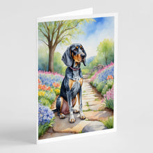 Load image into Gallery viewer, Bluetick Coonhound Spring Path Greeting Cards - Blank Note Cards – 8-Pack of Artist-Designed Cards with Envelopes
