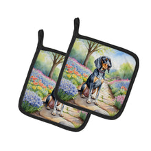 Load image into Gallery viewer, Bluetick Coonhound Spring Path Pot Holders - Set of 2 Decorative Kitchen Helpers | Made in the USA