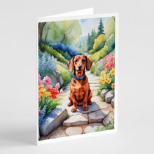 Load image into Gallery viewer, Dachshund Spring Path Greeting Cards - Blank Note Cards – 8-Pack of Artist-Designed Cards with Envelopes