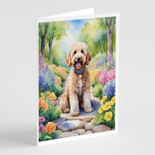 Load image into Gallery viewer, Goldendoodle Spring Path Greeting Cards - Blank Note Cards – 8-Pack of Artist-Designed Cards with Envelopes