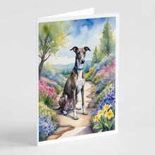 Load image into Gallery viewer, Greyhound Spring Path Greeting Cards - Blank Note Cards – 8-Pack of Artist-Designed Cards with Envelopes