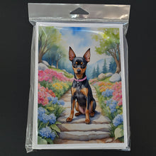 Load image into Gallery viewer, Miniature Pinscher Spring Path Greeting Cards - Blank Note Cards – 8-Pack of Artist-Designed Cards with Envelopes
