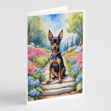 Load image into Gallery viewer, Miniature Pinscher Spring Path Greeting Cards - Blank Note Cards – 8-Pack of Artist-Designed Cards with Envelopes