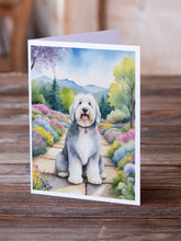Load image into Gallery viewer, Old English Sheepdog Spring Path Greeting Cards - Blank Note Cards – 8-Pack of Artist-Designed Cards with Envelopes