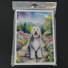 Load image into Gallery viewer, Old English Sheepdog Spring Path Greeting Cards - Blank Note Cards – 8-Pack of Artist-Designed Cards with Envelopes