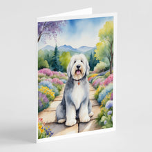 Load image into Gallery viewer, Old English Sheepdog Spring Path Greeting Cards - Blank Note Cards – 8-Pack of Artist-Designed Cards with Envelopes