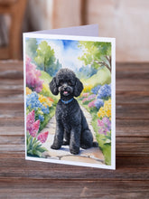 Load image into Gallery viewer, Black Poodle Spring Path Greeting Cards - Blank Note Cards – 8-Pack of Artist-Designed Cards with Envelopes