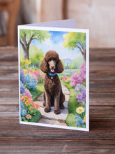 Load image into Gallery viewer, Chocolate Poodle Spring Path Greeting Cards - Blank Note Cards – 8-Pack of Artist-Designed Cards with Envelopes