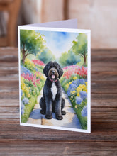 Load image into Gallery viewer, Portuguese Water Dog Spring Path Greeting Cards - Blank Note Cards – 8-Pack of Artist-Designed Cards with Envelopes