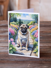 Load image into Gallery viewer, Pug Spring Path Greeting Cards - Blank Note Cards – 8-Pack of Artist-Designed Cards with Envelopes