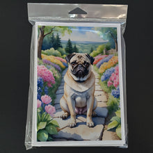 Load image into Gallery viewer, Pug Spring Path Greeting Cards - Blank Note Cards – 8-Pack of Artist-Designed Cards with Envelopes