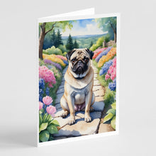 Load image into Gallery viewer, Pug Spring Path Greeting Cards - Blank Note Cards – 8-Pack of Artist-Designed Cards with Envelopes