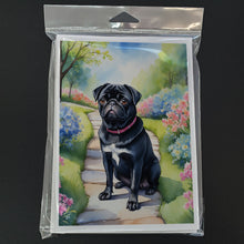 Load image into Gallery viewer, Black Pug Spring Path Greeting Cards - Blank Note Cards – 8-Pack of Artist-Designed Cards with Envelopes