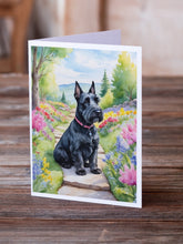 Load image into Gallery viewer, Scottish Terrier Spring Path Greeting Cards - Blank Note Cards – 8-Pack of Artist-Designed Cards with Envelopes
