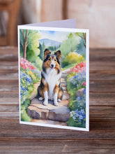 Load image into Gallery viewer, Sheltie Spring Path Greeting Cards - Blank Note Cards – 8-Pack of Artist-Designed Cards with Envelopes