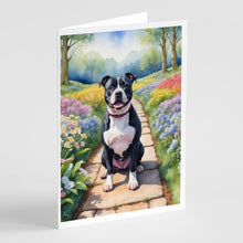 Load image into Gallery viewer, Staffordshire Bull Terrier Spring Path Greeting Cards - Blank Note Cards – 8-Pack of Artist-Designed Cards with Envelopes