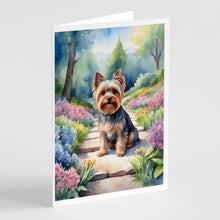 Load image into Gallery viewer, Yorkshire Terrier Spring Path Greeting Cards - Blank Note Cards – 8-Pack of Artist-Designed Cards with Envelopes