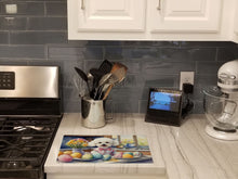 Load image into Gallery viewer, Decorating Easter Bichon Frise Glass Cutting Boards – Durable, Decorative Kitchen Art
