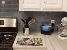 Load image into Gallery viewer, Decorating Easter Great Pyrenees Glass Cutting Boards – Durable, Decorative Kitchen Art