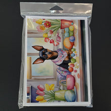 Load image into Gallery viewer, Decorating Easter Miniature Pinscher Greeting Cards - Blank Note Cards – 8-Pack of Artist-Designed Cards with Envelopes