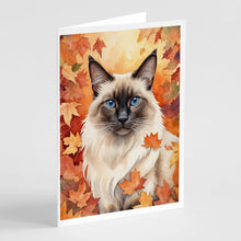 Load image into Gallery viewer, Balinese Cat in Fall Leaves Greeting Cards - Blank Note Cards – 8-Pack of Artist-Designed Cards with Envelopes