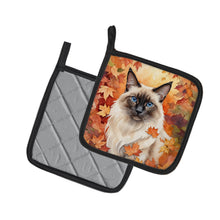 Load image into Gallery viewer, Balinese Cat in Fall Leaves Pot Holders - Set of 2 Decorative Kitchen Helpers | Made in the USA