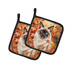 Load image into Gallery viewer, Balinese Cat in Fall Leaves Pot Holders - Set of 2 Decorative Kitchen Helpers | Made in the USA