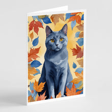 Load image into Gallery viewer, Chartreux Cat in Fall Leaves Greeting Cards - Blank Note Cards – 8-Pack of Artist-Designed Cards with Envelopes