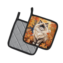 Load image into Gallery viewer, Colorpoint Longhair Cat in Fall Leaves Pot Holders - Set of 2 Decorative Kitchen Helpers | Made in the USA