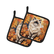 Load image into Gallery viewer, Colorpoint Longhair Cat in Fall Leaves Pot Holders - Set of 2 Decorative Kitchen Helpers | Made in the USA