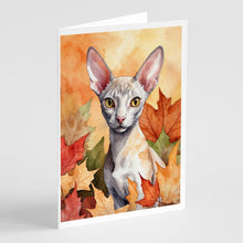 Load image into Gallery viewer, Cornish Rex Cat in Fall Leaves Greeting Cards - Blank Note Cards – 8-Pack of Artist-Designed Cards with Envelopes