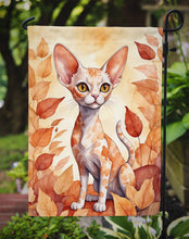 Load image into Gallery viewer, Devon Rex Fall Garden Flag - Cat in Fall Leaves - Cat-Themed Seasonal Yard Decor