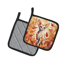 Load image into Gallery viewer, Devon Rex Cat in Fall Leaves Pot Holders - Set of 2 Decorative Kitchen Helpers | Made in the USA