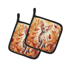 Load image into Gallery viewer, Devon Rex Cat in Fall Leaves Pot Holders - Set of 2 Decorative Kitchen Helpers | Made in the USA
