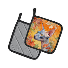 Load image into Gallery viewer, Donskoy Don Sphynx Cat in Fall Leaves Pot Holders - Set of 2 Decorative Kitchen Helpers | Made in the USA