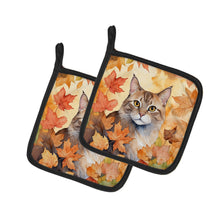 Load image into Gallery viewer, Dwelf Cat in Fall Leaves Pot Holders - Set of 2 Decorative Kitchen Helpers | Made in the USA