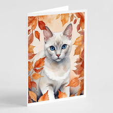 Load image into Gallery viewer, Foreign White Cat in Fall Leaves Greeting Cards - Blank Note Cards – 8-Pack of Artist-Designed Cards with Envelopes