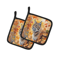 Load image into Gallery viewer, Highlander Lynx Cat in Fall Leaves Pot Holders - Set of 2 Decorative Kitchen Helpers | Made in the USA
