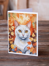 Load image into Gallery viewer, Khao Manee Cat in Fall Leaves Greeting Cards - Blank Note Cards – 8-Pack of Artist-Designed Cards with Envelopes