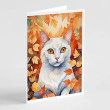 Load image into Gallery viewer, Khao Manee Cat in Fall Leaves Greeting Cards - Blank Note Cards – 8-Pack of Artist-Designed Cards with Envelopes