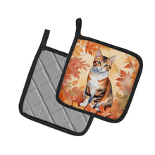 Load image into Gallery viewer, Korean Bobtail Cat in Fall Leaves Pot Holders - Set of 2 Decorative Kitchen Helpers | Made in the USA