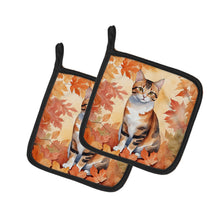Load image into Gallery viewer, Korean Bobtail Cat in Fall Leaves Pot Holders - Set of 2 Decorative Kitchen Helpers | Made in the USA
