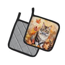 Load image into Gallery viewer, Kurilian Bobtail Cat in Fall Leaves Pot Holders - Set of 2 Decorative Kitchen Helpers | Made in the USA