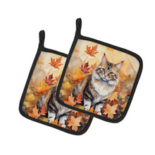 Load image into Gallery viewer, Kurilian Bobtail Cat in Fall Leaves Pot Holders - Set of 2 Decorative Kitchen Helpers | Made in the USA