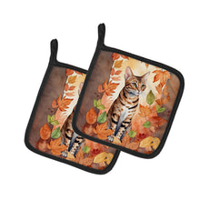 Load image into Gallery viewer, Ocicat Cat in Fall Leaves Pot Holders - Set of 2 Decorative Kitchen Helpers | Made in the USA