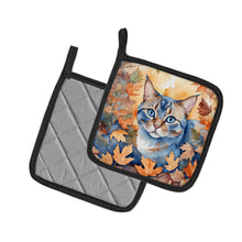 Load image into Gallery viewer, Ojos Azules Cat in Fall Leaves Pot Holders - Set of 2 Decorative Kitchen Helpers | Made in the USA