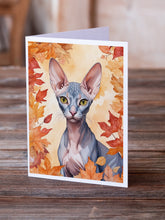 Load image into Gallery viewer, Peterbald Cat in Fall Leaves Greeting Cards - Blank Note Cards – 8-Pack of Artist-Designed Cards with Envelopes